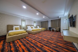 Deluxe Quadruple Room, Housekeeping, Mountain View | Premium bedding, in-room safe, desk, laptop workspace - Hanzade Hotel (Edremit)