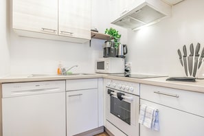 Apartamento básico | Cocina privada | Frigorífico, microondas, horno y placa de cocina