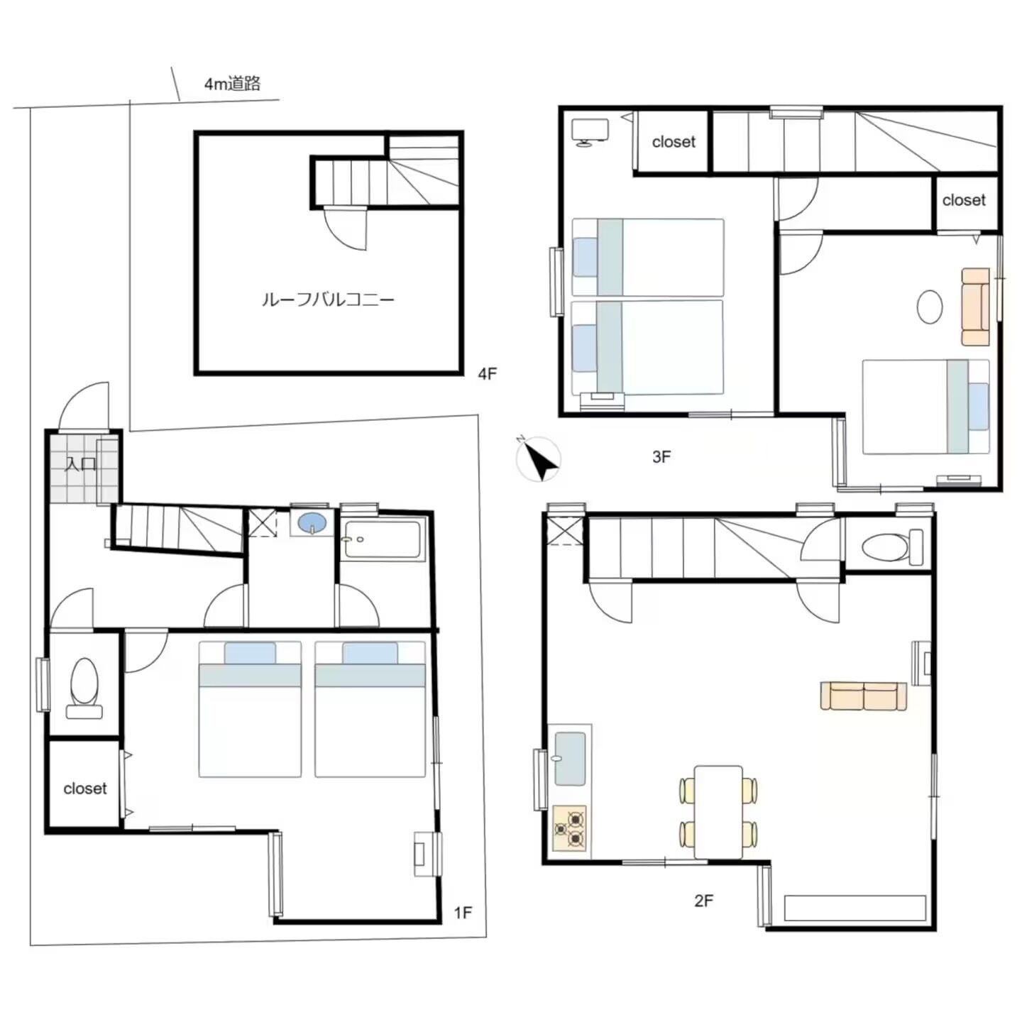 A floor plan of a 4-room apartment with a bathroom, kitchenette, and a small living area.