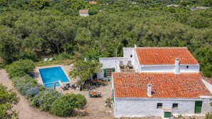 A villa with a swimming pool, surrounded by dense greenery and a clear sky. - Authentic Menorcan country house, close to the capital and beaches, in total calm. (Llucmaçanes)
