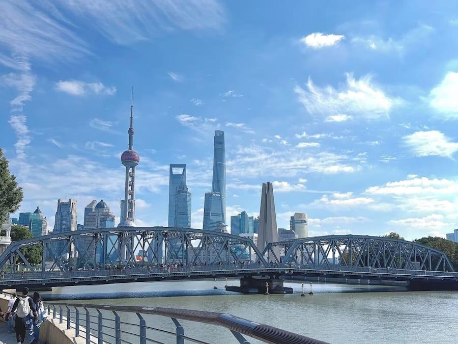 A river with a bridge, a city skyline, and a clear sky.