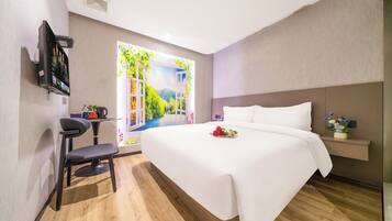 Comfort Queen Room without Window and Bathtub | Desk, laptop workspace, blackout curtains, soundproofing