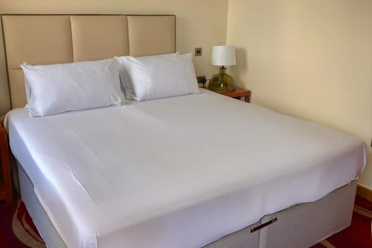 A neatly made bed with white linens, a headboard, and a bedside table with a lamp.