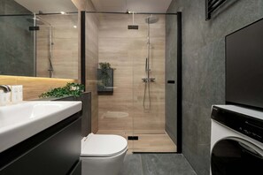 Dusche, Haartrockner, Handtücher, Shampoo