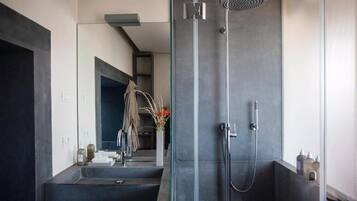 Shower, free toiletries, hair dryer, bathrobes