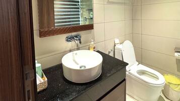 Shower, hair dryer, slippers, towels