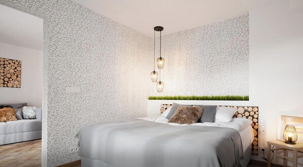 A modern bedroom with a textured wall, a bed with a wooden headboard, and a hanging light fixture.