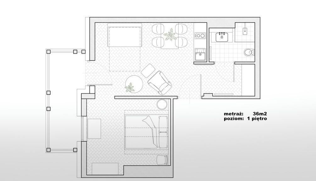 Planta baixa de um apartamento de 36m2, com 1 quarto, cozinha, banheiro e sala de jantar.