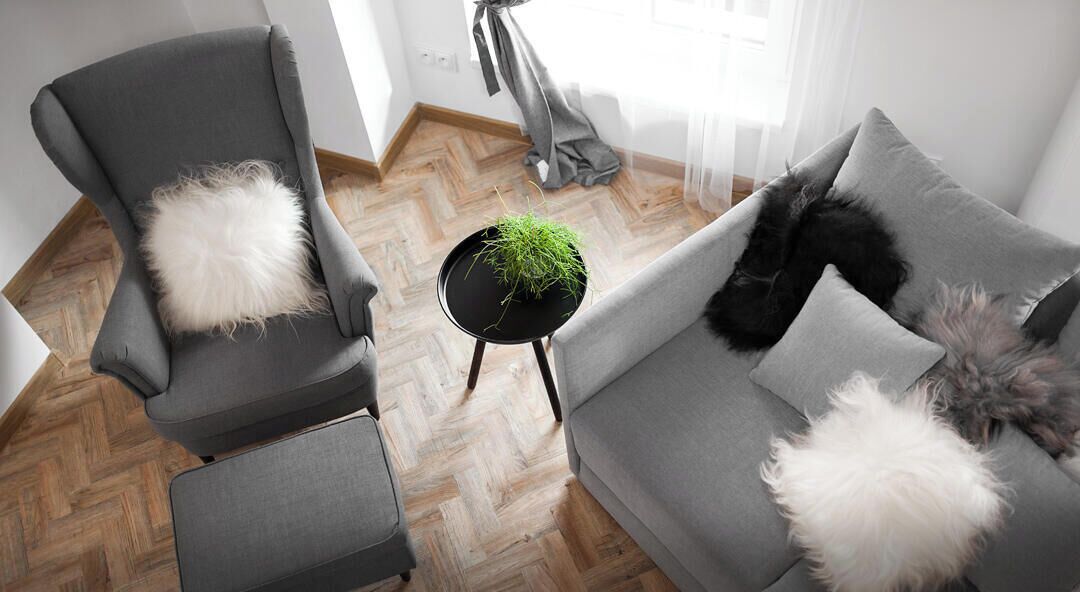 Una sala de estar moderna con un sofá gris, un sillón gris y una pequeña mesita auxiliar negra con una planta verde.