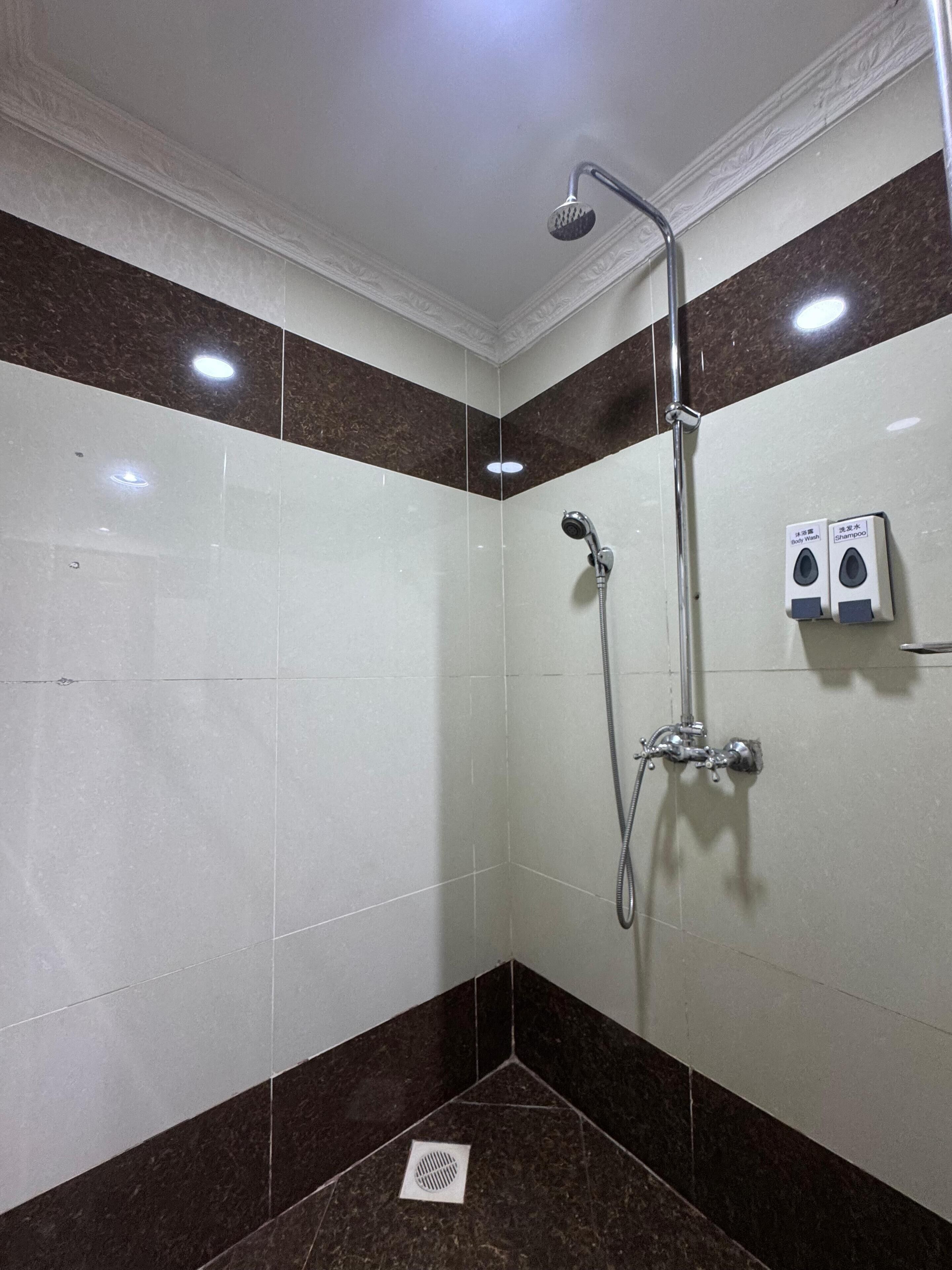 A shower area with a handheld showerhead, a wall-mounted faucet, and two soap dispensers labeled "Body Wash" and "Shampoo".