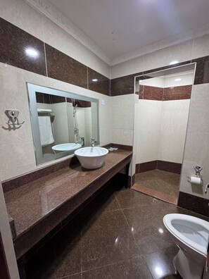 Habitación doble | Baño | Ducha, toallas, jabón y papel higiénico