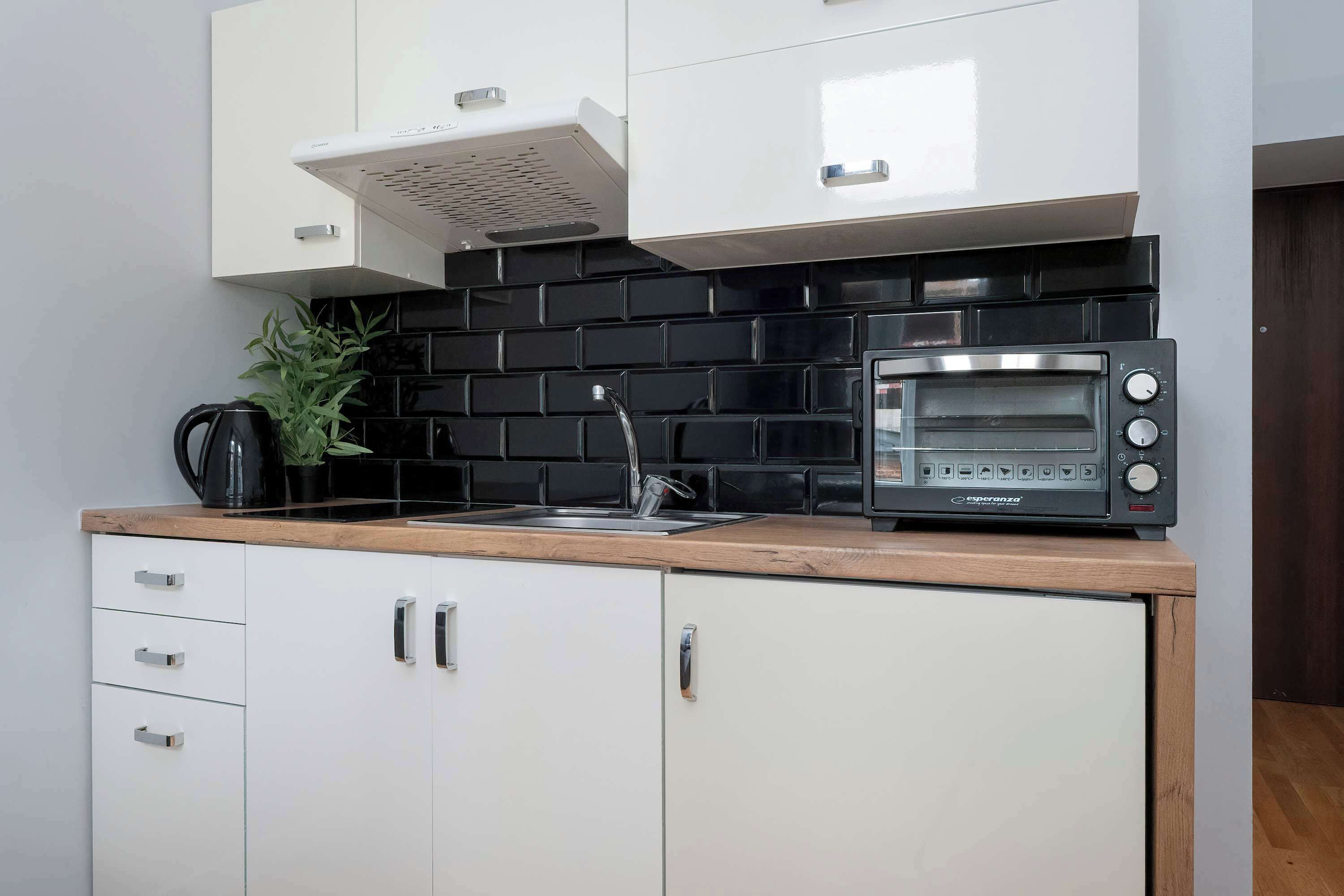 Fridge, oven, stovetop, coffee/tea maker