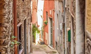 A narrow alleyway with stone walls, a red building, and a door with a green sign.