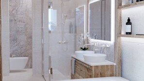 Une salle de bain moderne avec une douche en verre, deux lavabos, un meuble-lavabo en bois et un grand miroir.