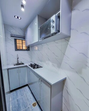 Appartement Familial, balcon, vue ville | Cuisine privée | Réfrigérateur, micro-ondes, four, plaque de cuisson