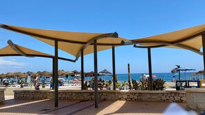 Ett område vid stranden med skuggiga paviljonger, solstolar och parasoller.