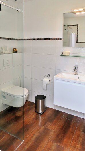 Hair dryer, towels, soap, toilet paper