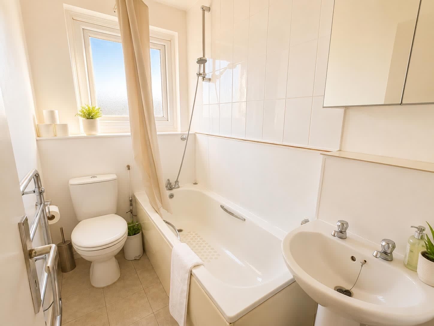 A bathroom with a bathtub, toilet, sink, and a window with a plant.