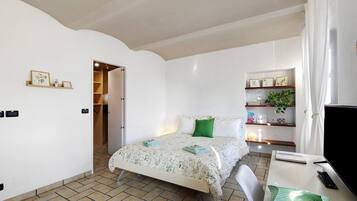 Une chambre à coucher avec un lit, un bureau, une chaise, une télévision et une étagère contenant des livres et une plante.