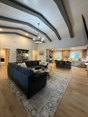 Smart TV, fireplace, books