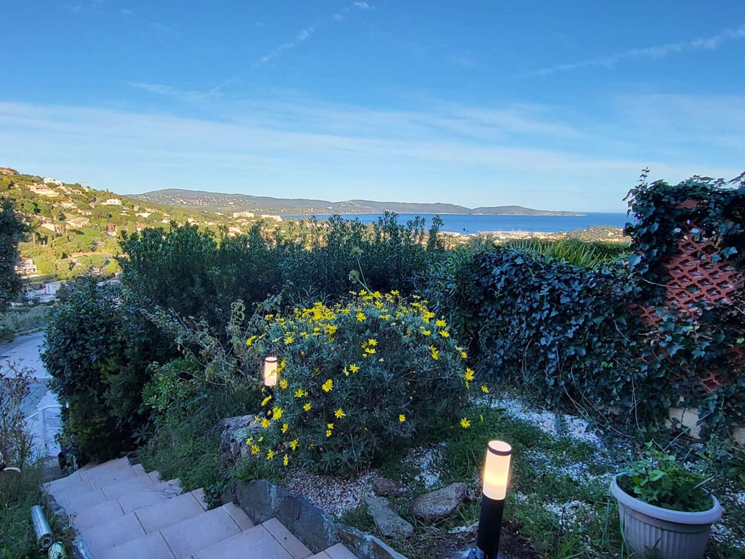 Um jardim com vista para o mar, degraus de pedra e um vaso com planta.