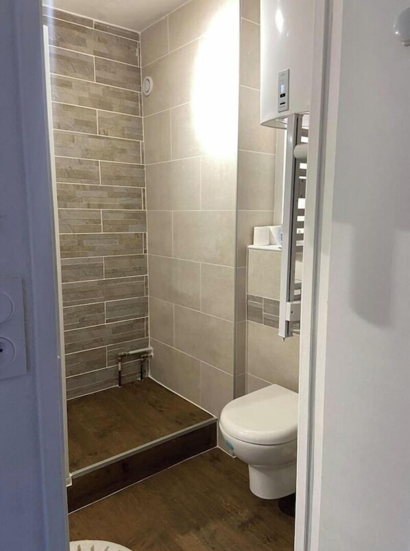 Baño con ducha, inodoro y una pequeña zona de lavamanos.