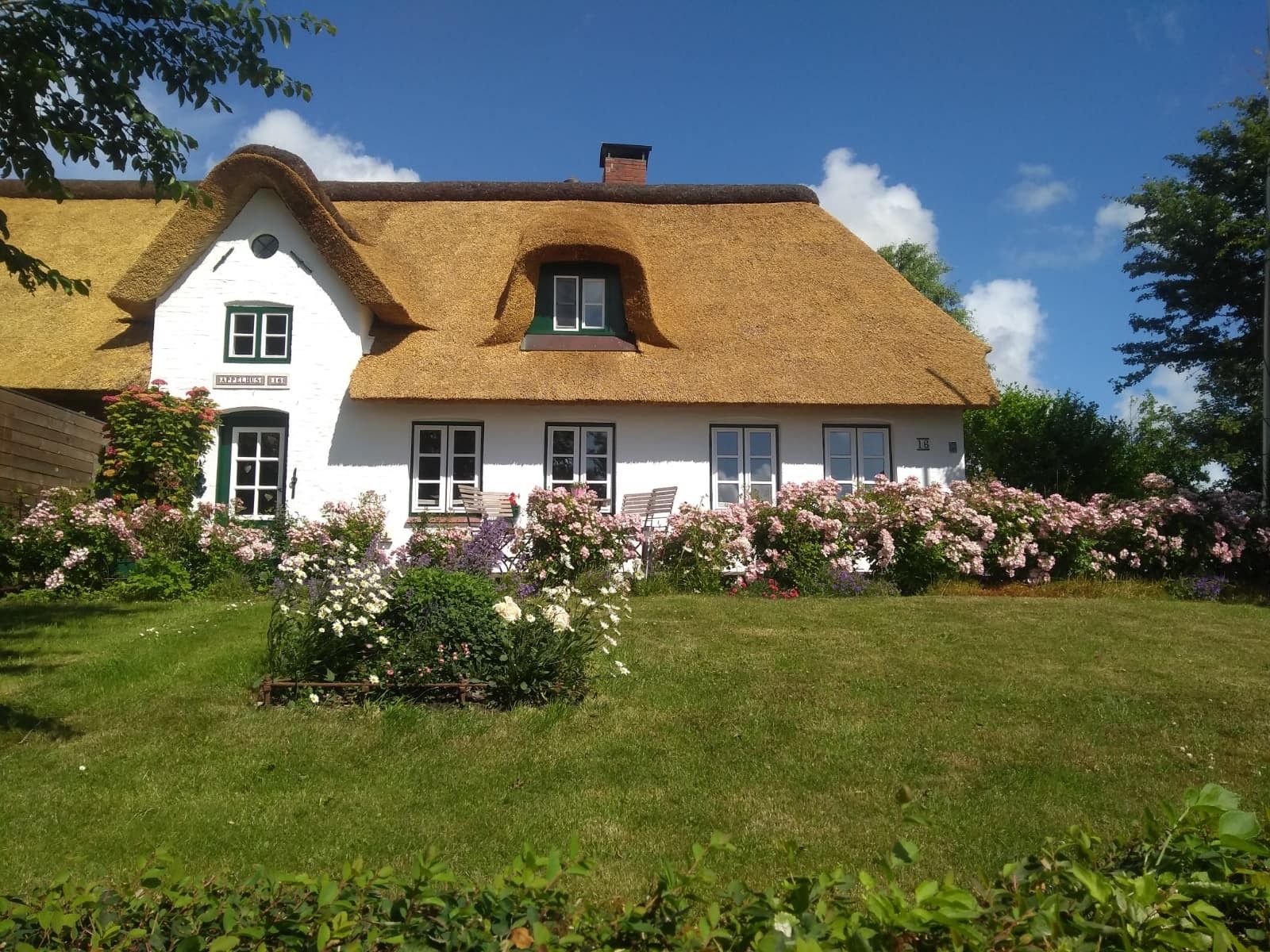 Una casa tradizionale con tetto di paglia, pareti bianche e un giardino curato con piante fiorite.