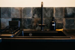 Coffee/tea maker, fridge, oven, stovetop - Dark & Moody Mid Century Apartment (Riga)