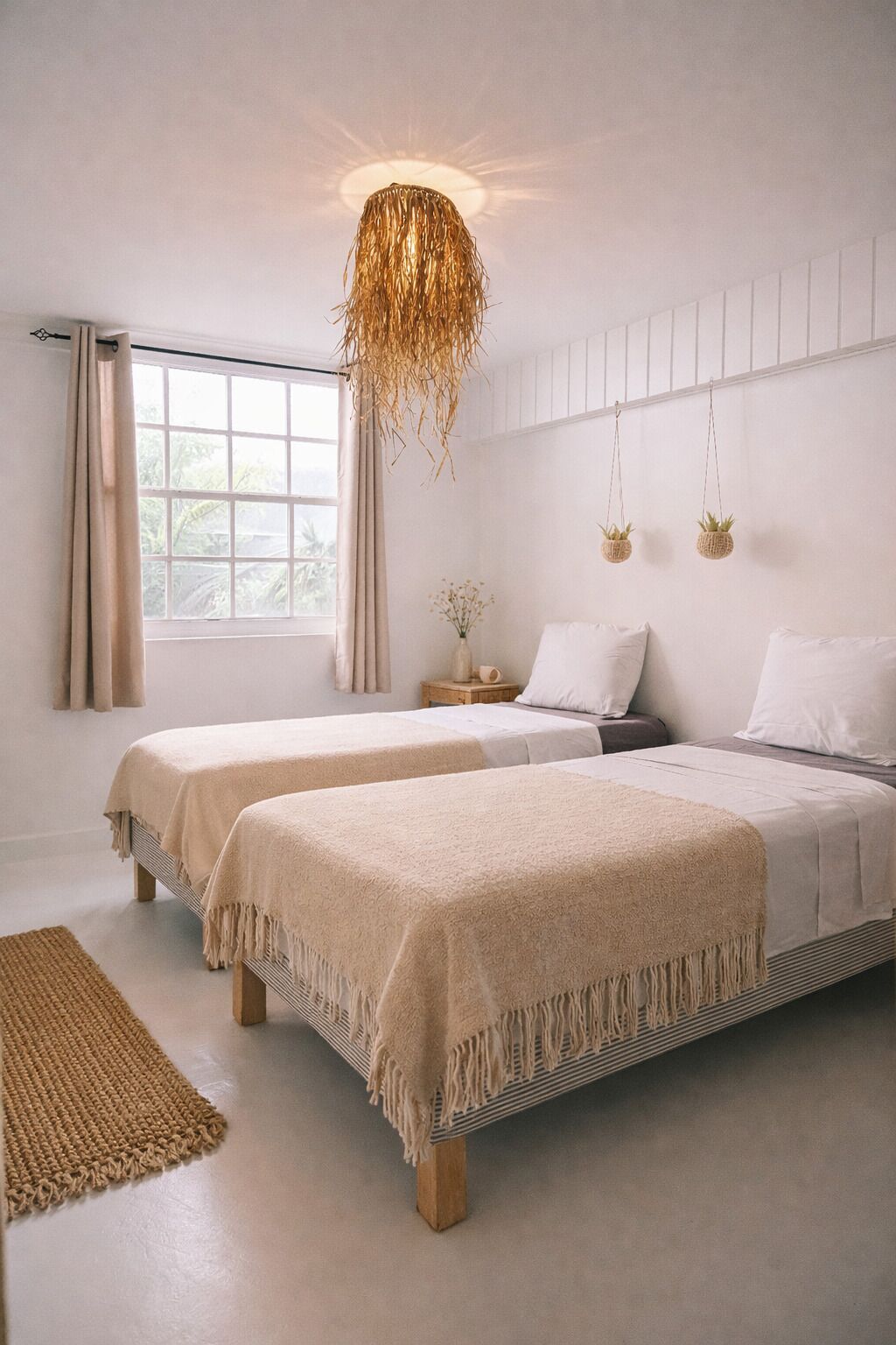 A bedroom with two beds, a hanging light fixture, a window with curtains, and a small bedside table with a plant.