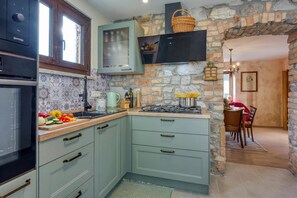 Standard House, Multiple Bedrooms (Vila Leonarda) | Private kitchen | Fridge, microwave, oven, stovetop - Vila Leonarda (Miren-Kostanjevica)