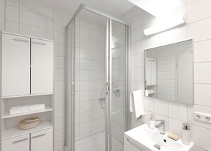 Dusj, hårføner, håndklær og såpe