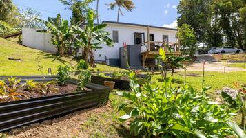 A residential property with a garden, a white building, and a parked car.
