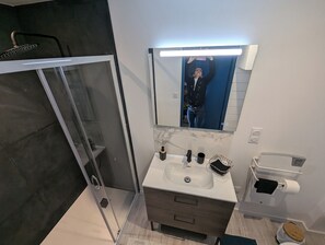 Shower, hair dryer, towels, toilet paper