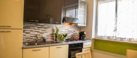 Fridge, oven, stovetop, coffee/tea maker