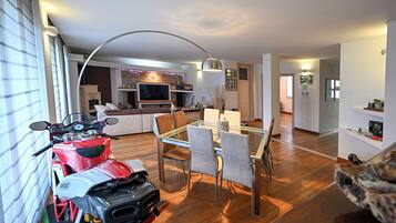 Flat-screen TV, fireplace