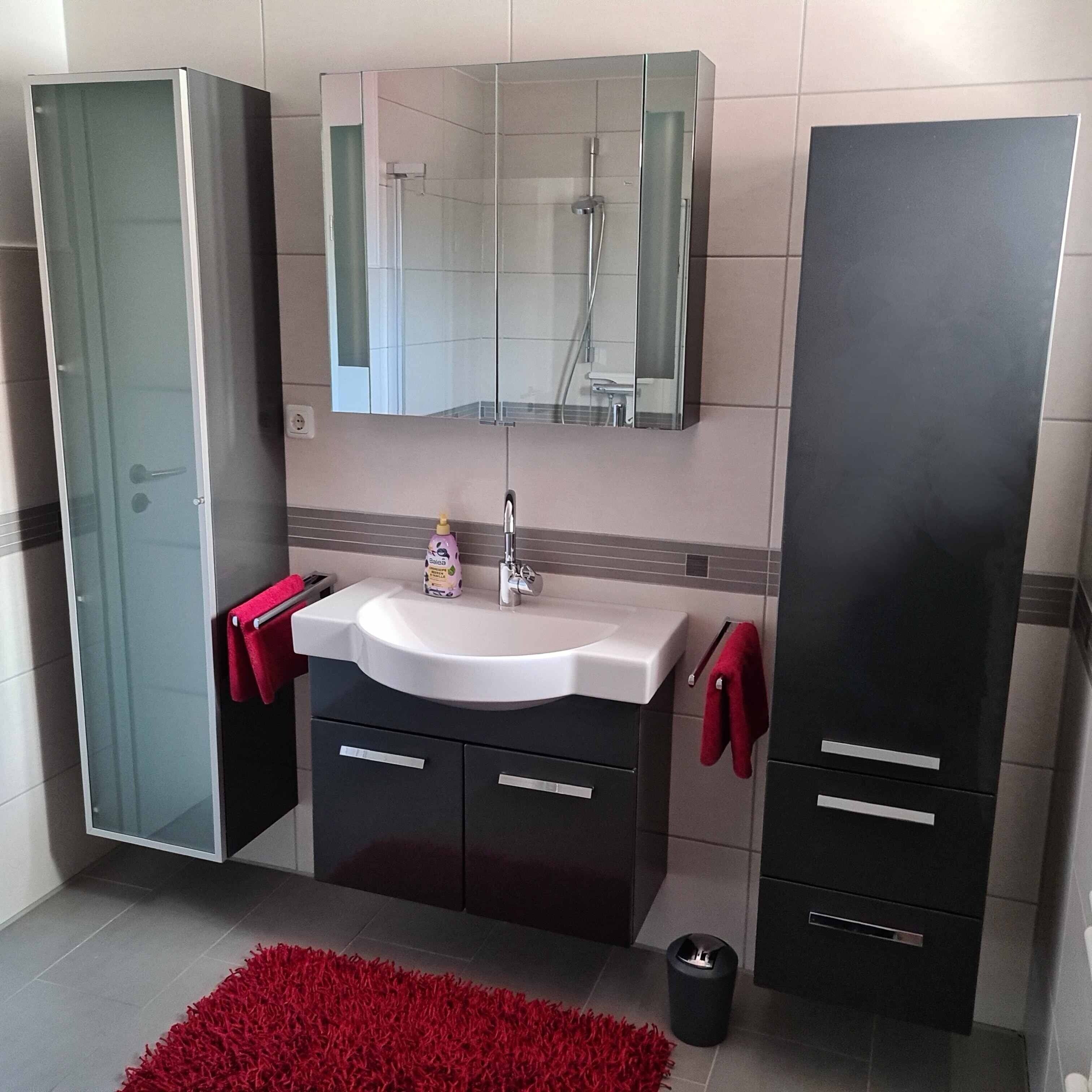 A modern bathroom with a glass shower enclosure, a white sink, and dark cabinetry.
