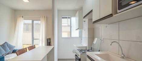 A modern kitchen with a gas stove, sink, and a large window.
