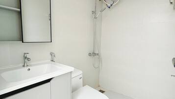 Hair dryer, towels, soap, toilet paper