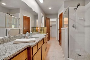 Shower, hair dryer, towels - Hickory Haven-Direct Lake Access-Furnished Patio (Lowell)