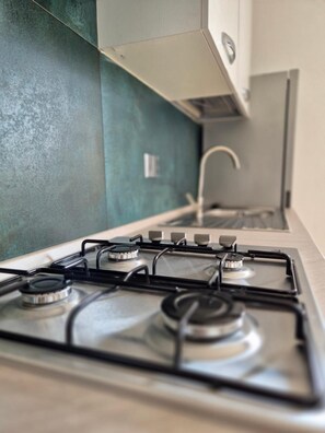 Fridge, oven, stovetop, coffee/tea maker