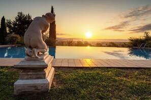 A statue by a pool with a sunset view.