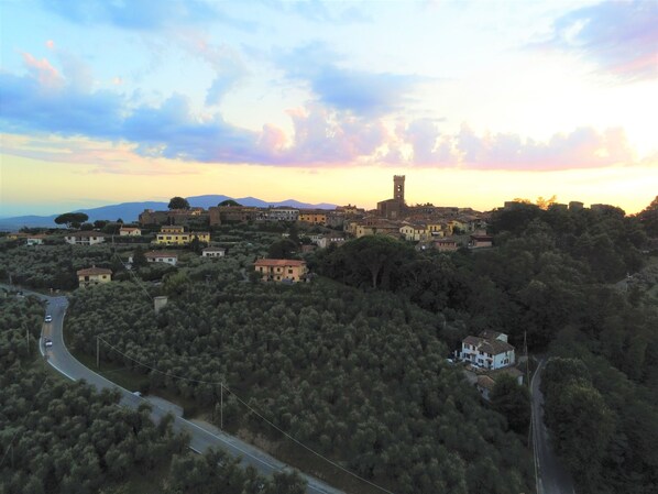 A town with historic buildings, a prominent tower, and a road winding through a wooded area.