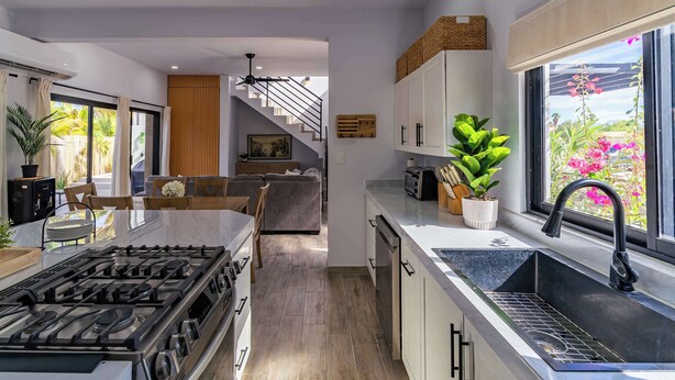 A modern kitchen with a gas stove, a sink, and a window overlooking a garden. - Bay View Home with Rooftop & Private Pool (El Centenario)