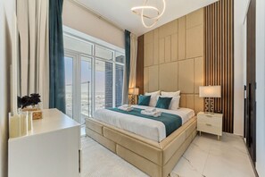 Desk, iron/ironing board, WiFi, bed sheets - Elegant 2BR Retreat | Prime Location Opalz Arjan (Dubai)