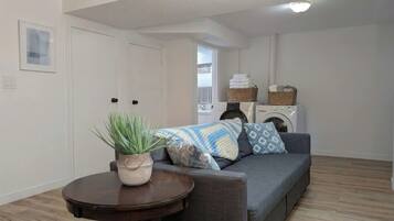 A living room with a grey sofa, a round wooden table with a plant, a washing machine, and a laundry basket.