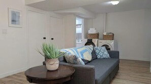 Un salon avec un canapé gris, une table ronde en bois ornée d’une plante, un lave-linge et un panier à linge.