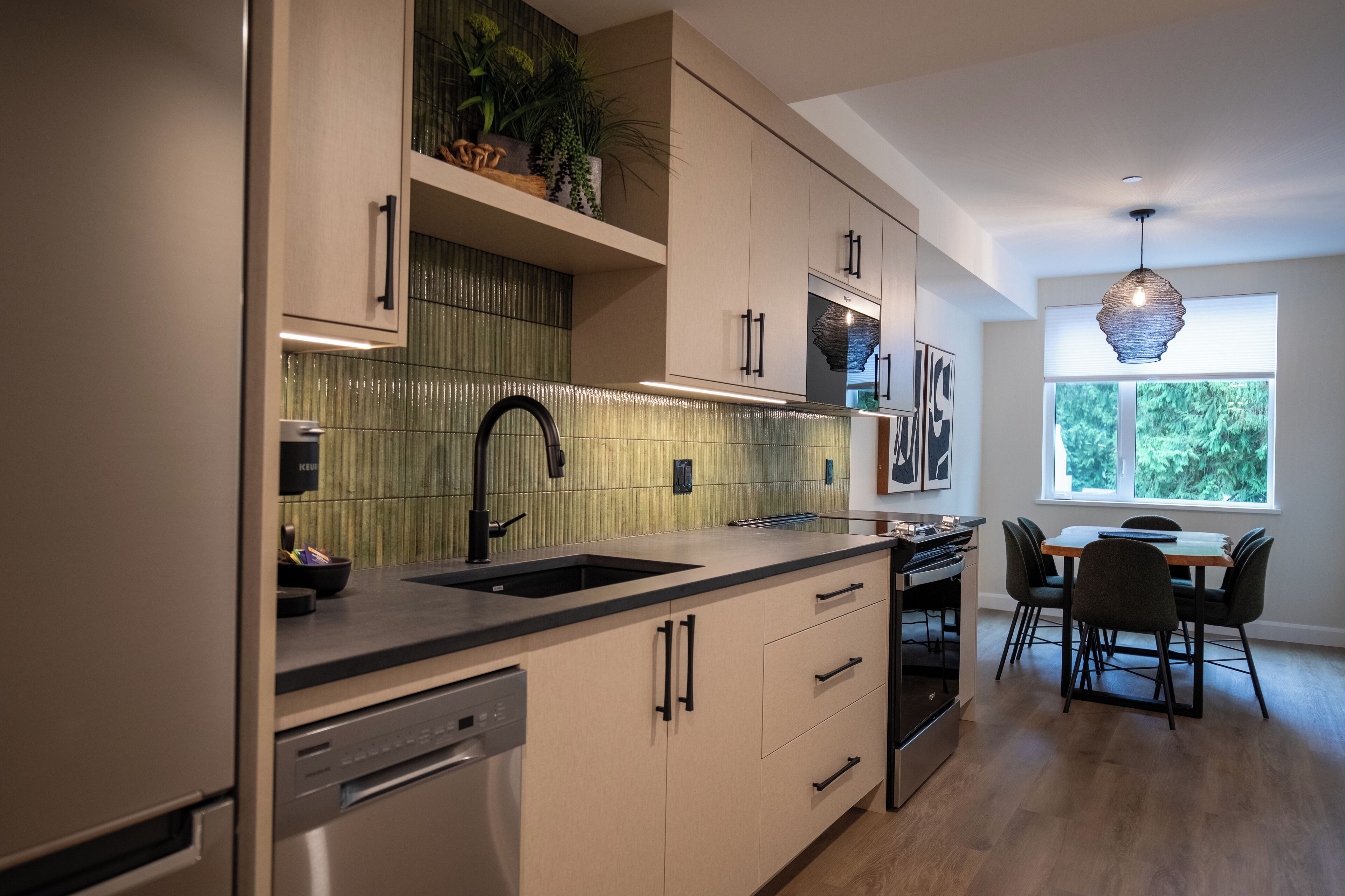 Een microgolfoven, een oven, een kookplaat, een vaatwasser