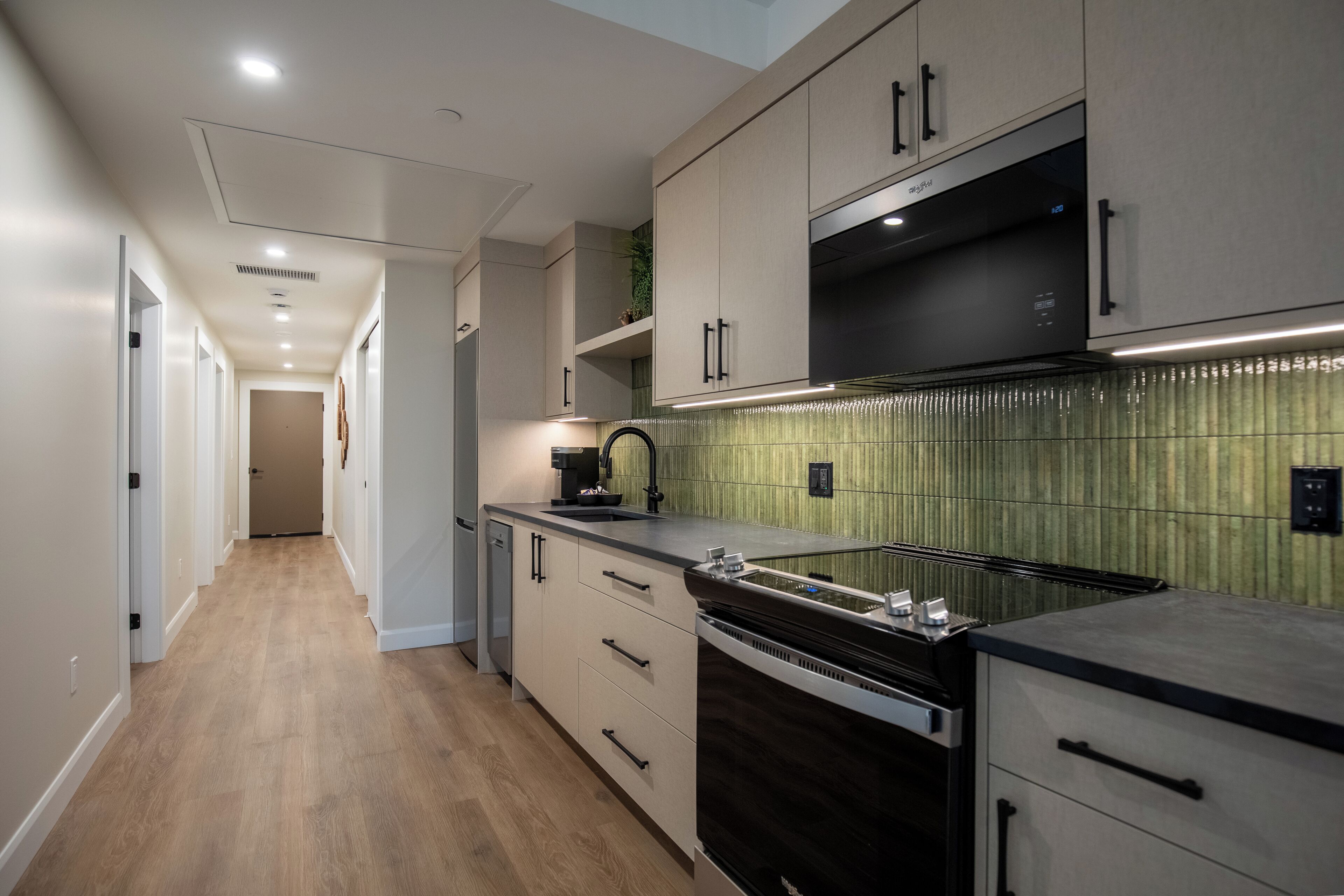 Een microgolfoven, een oven, een kookplaat, een vaatwasser