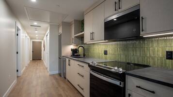 Een microgolfoven, een oven, een kookplaat, een vaatwasser