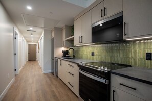 Een microgolfoven, een oven, een kookplaat, een vaatwasser